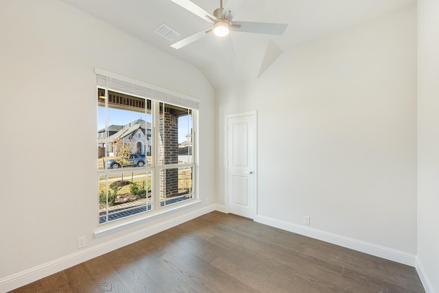 unfurnished room with dark hardwood / wood-style flooring, a wealth of natural light, lofted ceiling, and ceiling fan