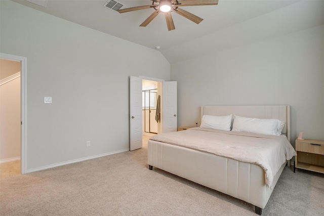 333 Pasture Dr, Midlothian, TX 76065 - bedroom with light carpet, vaulted ceiling, a ceiling fan, and connected bathroom