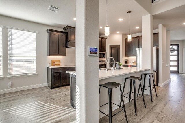 kitchen featuring sink, hanging light fixtures, dark brown cabinets, light hardwood / wood-style flooring, and appliances with stainless steel finishes