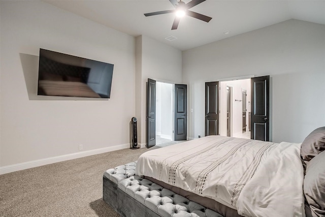 bedroom with carpet, ceiling fan, and high vaulted ceiling