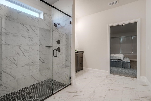 5214 Rowlan Row, Midlothian, TX 76065 - ensuite bathroom featuring a stall shower, marble finish floors, and vanity
