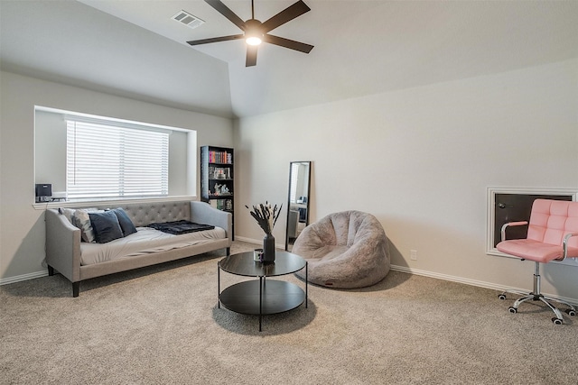 carpeted living room featuring ceiling fan and high vaulted ceiling