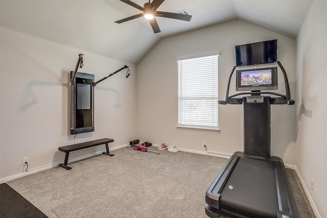 exercise area featuring carpet flooring, ceiling fan, and lofted ceiling