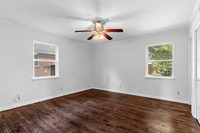 spare room with dark hardwood / wood-style floors, ceiling fan, and crown molding