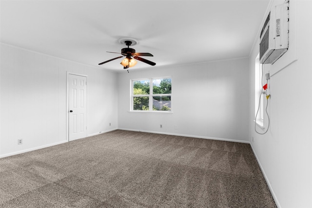 unfurnished room featuring carpet, ceiling fan, ornamental molding, and an AC wall unit