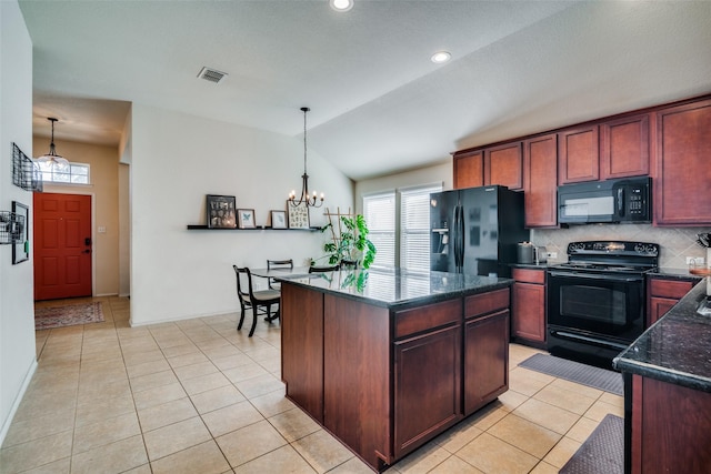 kitchen featuring lofted ceiling, an inviting chandelier, black appliances, decorative light fixtures, and a kitchen island