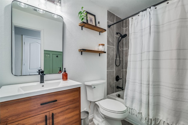 full bathroom with vanity, toilet, and shower / bathtub combination with curtain