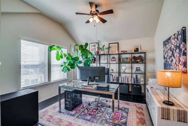 office area featuring hardwood / wood-style flooring, ceiling fan, and lofted ceiling