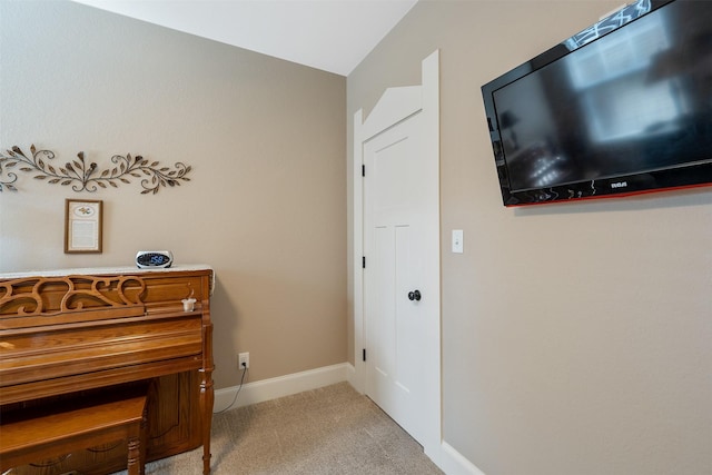 miscellaneous room featuring light colored carpet