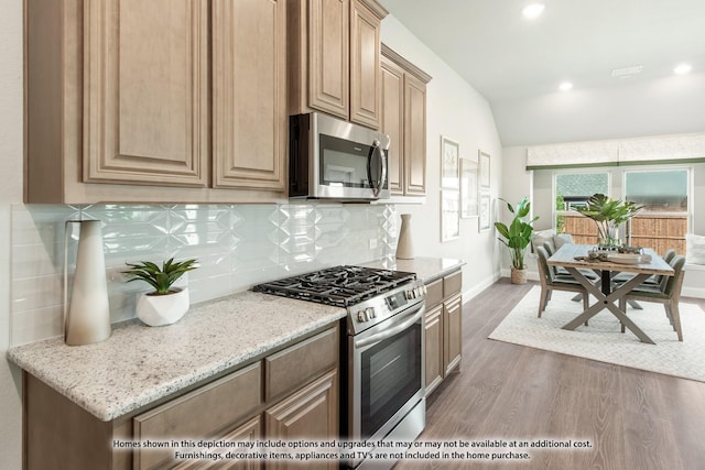 kitchen featuring dark wood-type flooring, stainless steel appliances, light stone counters, backsplash, and lofted ceiling