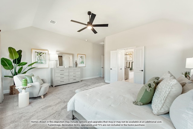 carpeted bedroom featuring ceiling fan and lofted ceiling