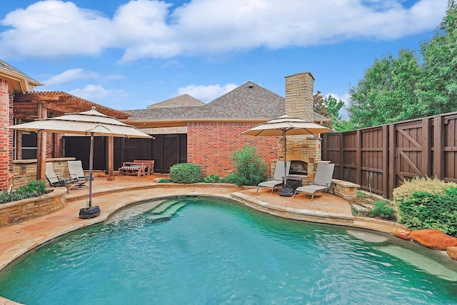 view of pool with a patio and exterior fireplace