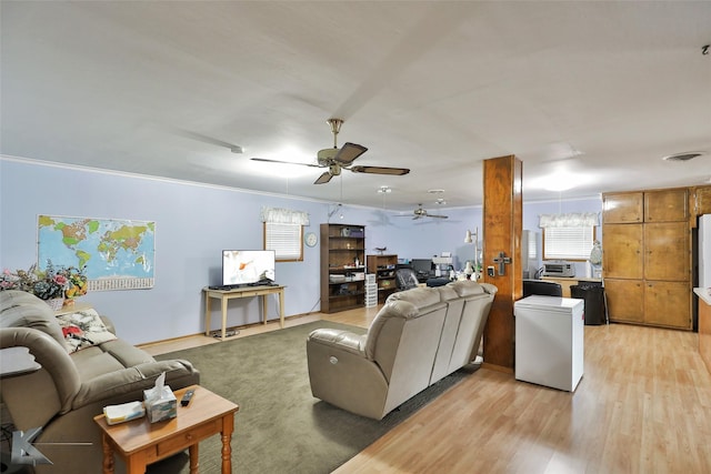 living room with light hardwood / wood-style floors, ceiling fan, and crown molding