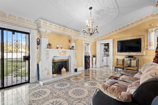 living room with a notable chandelier and lofted ceiling