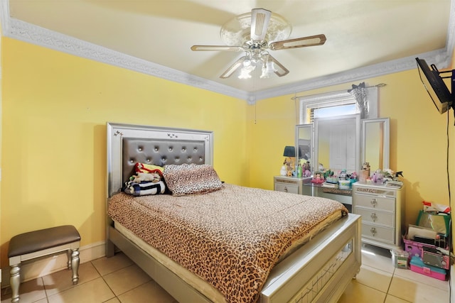 tiled bedroom featuring ceiling fan and crown molding