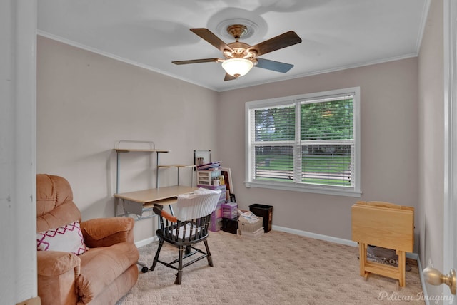 carpeted home office with crown molding and ceiling fan