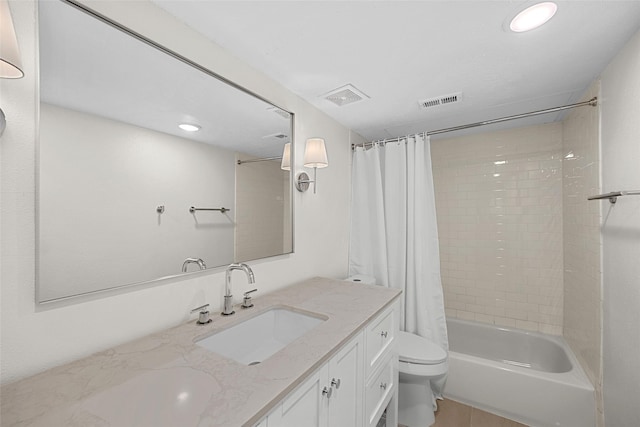 full bathroom with vanity, toilet, and shower / bathtub combination with curtain