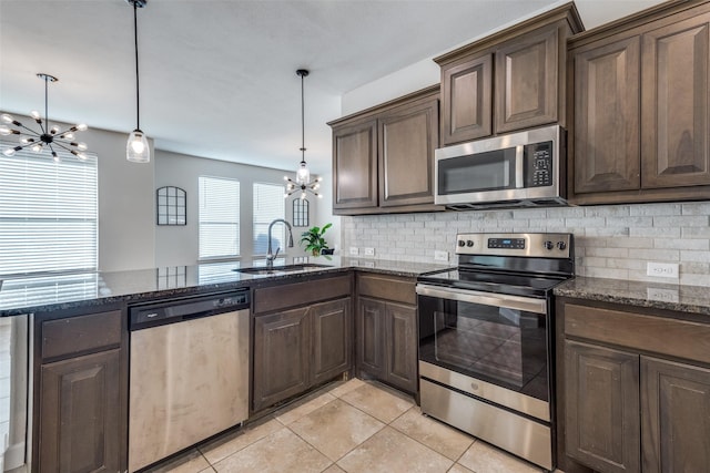 kitchen featuring sink, pendant lighting, stainless steel appliances, and a notable chandelier