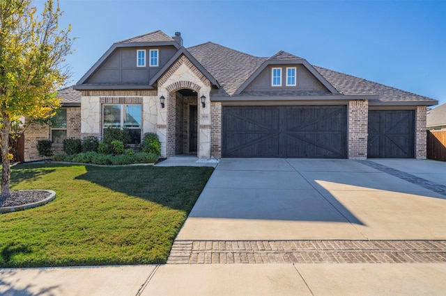 view of front of property featuring a garage and a front lawn