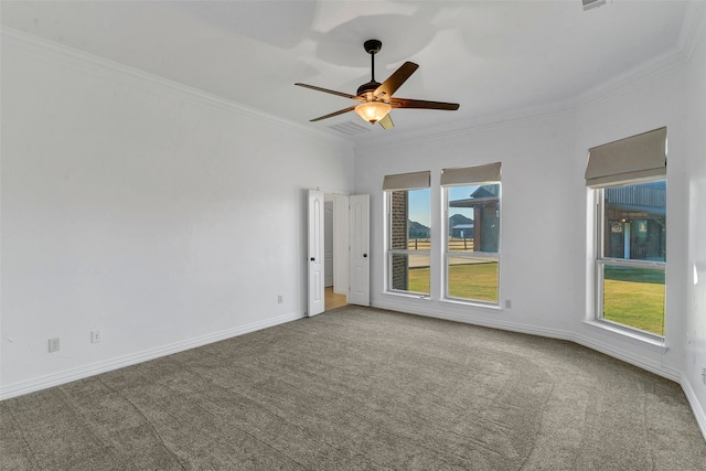 spare room featuring ornamental molding, carpet, a wealth of natural light, and baseboards