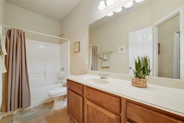 full bathroom with tile patterned flooring, vanity, toilet, and shower / tub combo with curtain