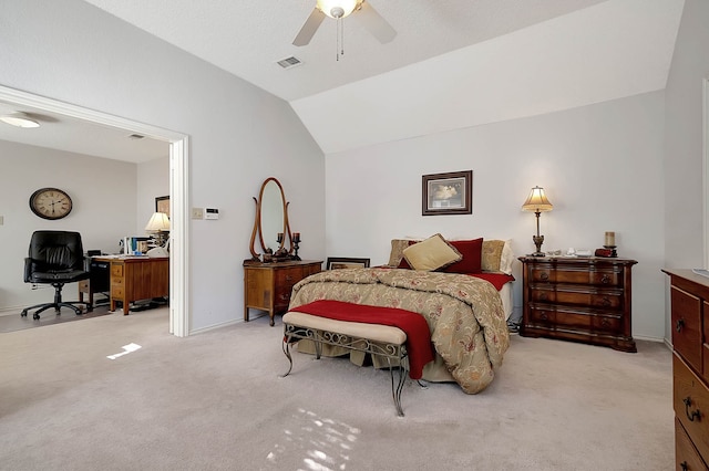 bedroom featuring ceiling fan, light carpet, and lofted ceiling