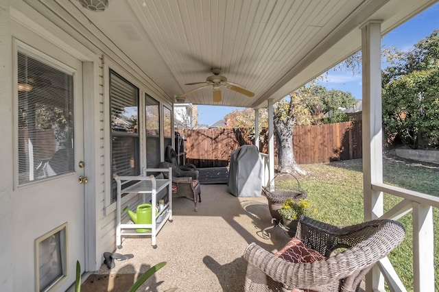 view of patio featuring ceiling fan and grilling area