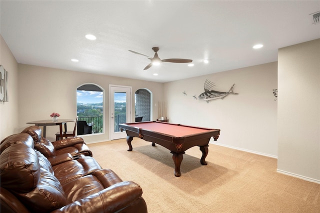 rec room featuring light colored carpet, ceiling fan, and billiards