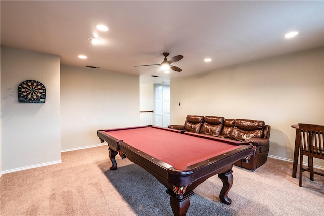 game room featuring ceiling fan, light carpet, and billiards