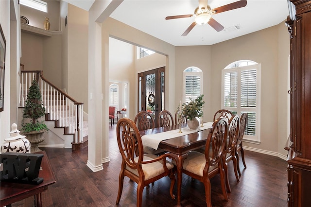 dining area featuring dark hardwood / wood-style floors and ceiling fan