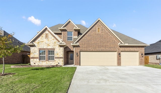 view of front of house featuring a front lawn and a garage