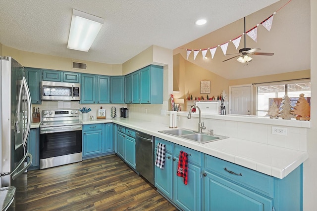 kitchen featuring sink, dark hardwood / wood-style flooring, blue cabinets, a textured ceiling, and appliances with stainless steel finishes