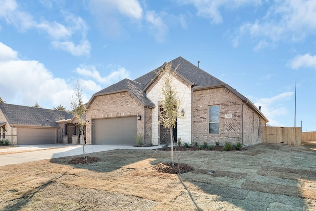 french country style house with a garage