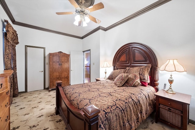 bedroom featuring light carpet, ceiling fan, and crown molding