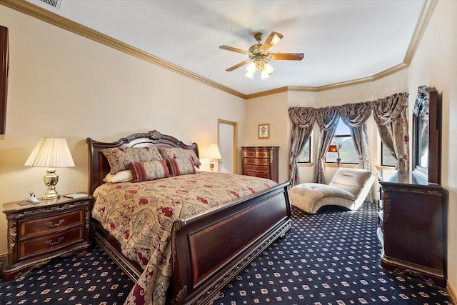 bedroom featuring ceiling fan and crown molding