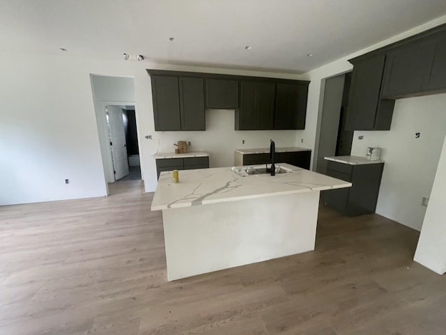 kitchen featuring light stone counters, sink, light wood-type flooring, and a kitchen island with sink