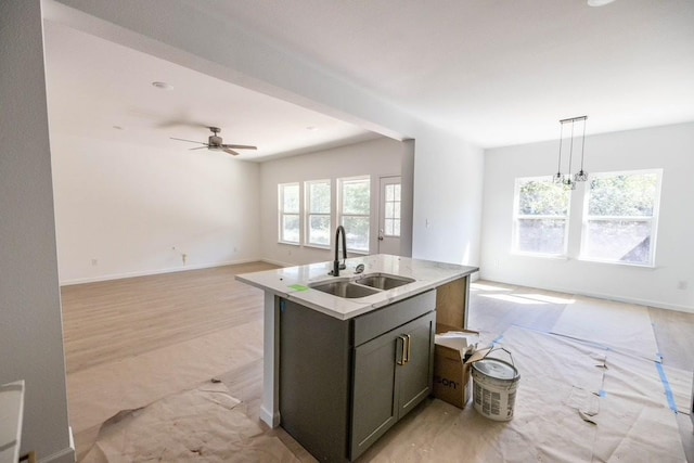 kitchen featuring pendant lighting, light hardwood / wood-style floors, plenty of natural light, and sink