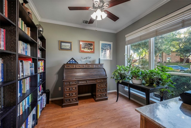 office space with crown molding, light hardwood / wood-style flooring, and ceiling fan