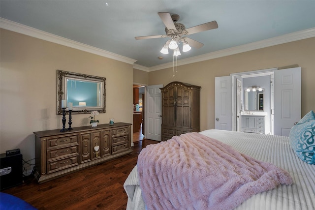 bedroom featuring ornamental molding, ensuite bathroom, ceiling fan, and dark hardwood / wood-style flooring