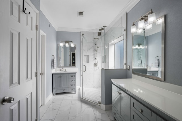 bathroom featuring an enclosed shower, vanity, and ornamental molding