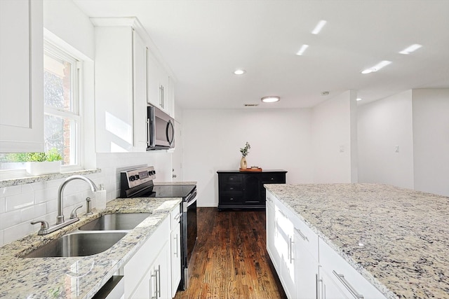 kitchen featuring dark hardwood / wood-style floors, sink, light stone countertops, and stainless steel appliances