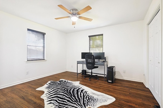 home office featuring ceiling fan and dark wood-type flooring