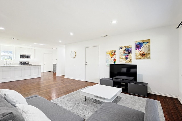 living room with sink and dark wood-type flooring