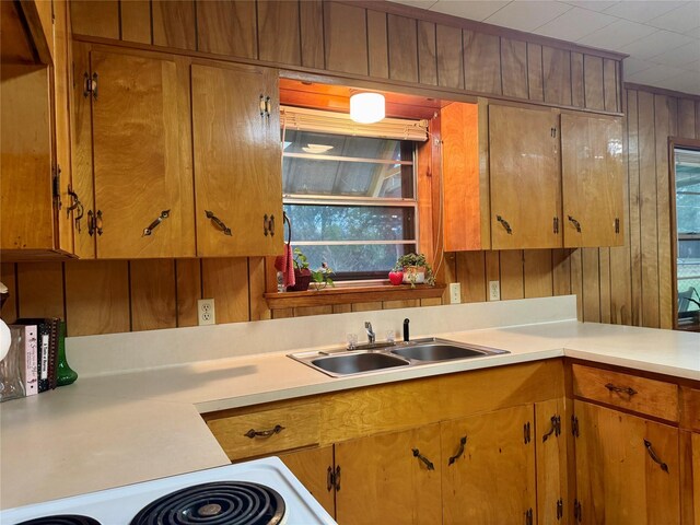 904 Uncas St, Logansport, LA 71049 - kitchen featuring stove, sink, and wood walls