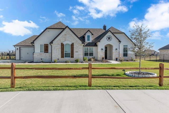 french country style house featuring a front yard and a garage