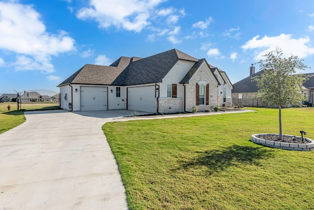 view of front of property featuring a garage and a front lawn