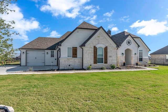 french country style house with a front yard and a garage