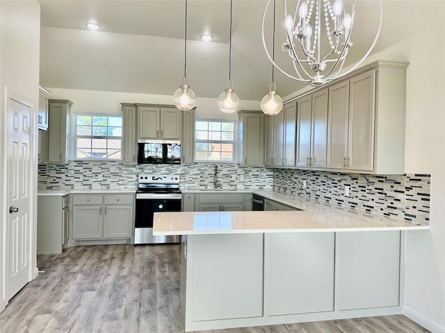 kitchen with backsplash, sink, stainless steel electric range oven, light wood-type flooring, and kitchen peninsula