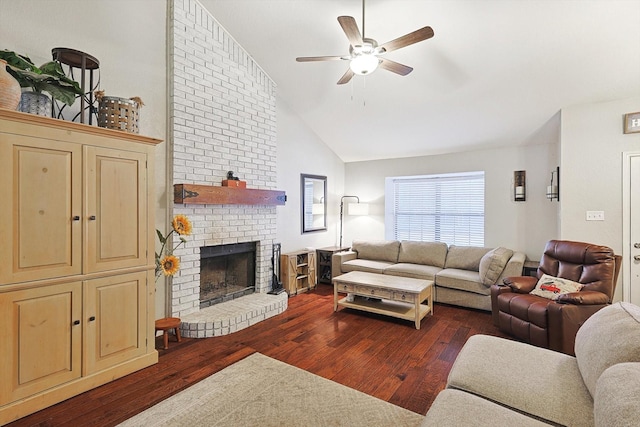 living room featuring a fireplace, high vaulted ceiling, dark hardwood / wood-style floors, and ceiling fan