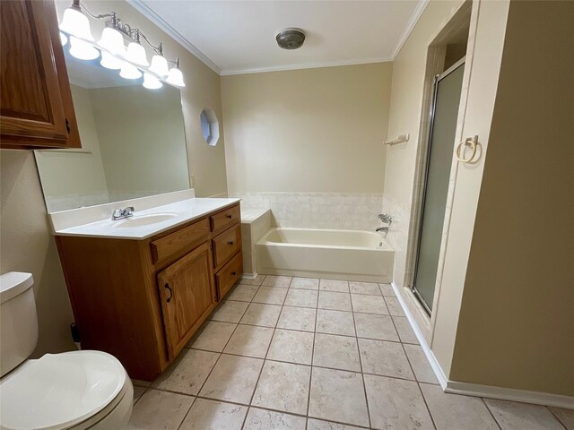 full bathroom with ornamental molding, separate shower and tub, vanity, toilet, and tile patterned floors